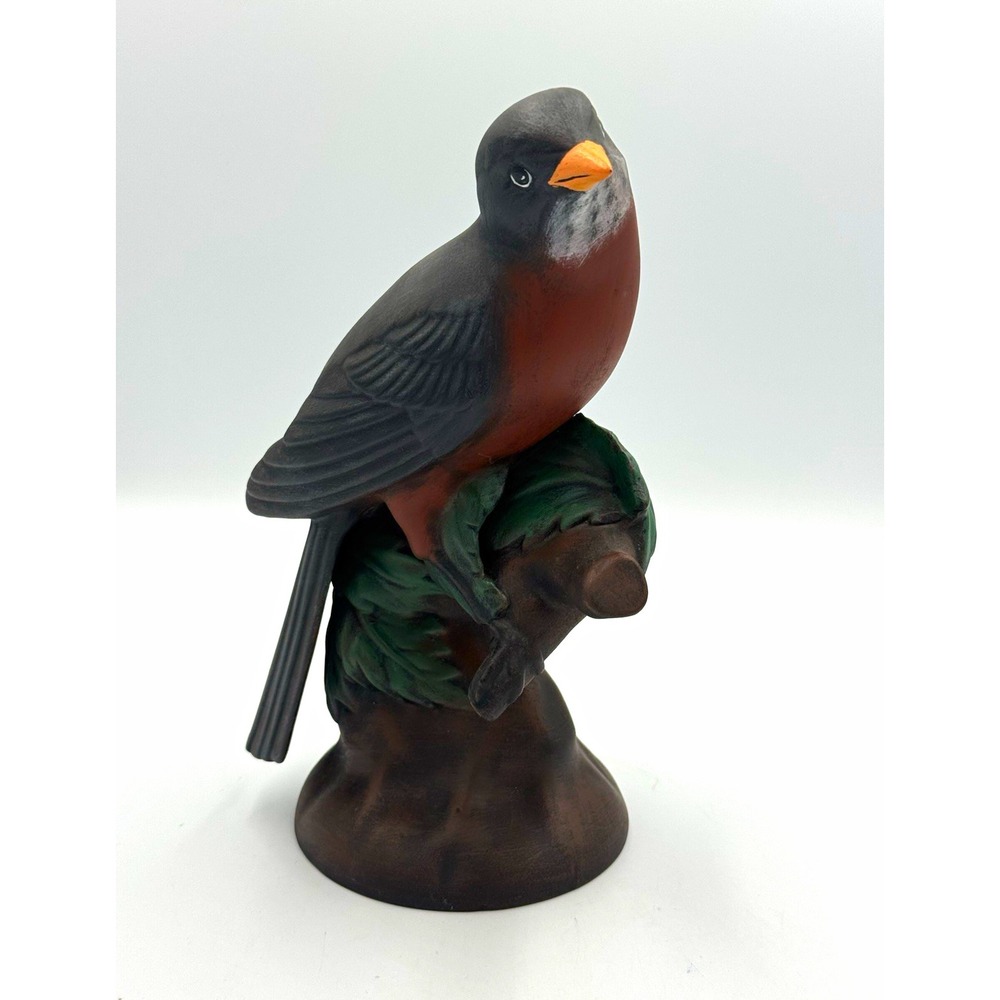 Painted Ceramic Bird Figurine on Branch w/ Leaves Brown Gray Green Orange 9"